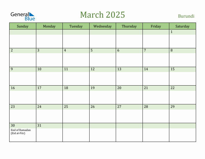 March 2025 Calendar with Burundi Holidays