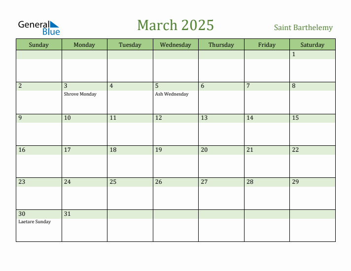 March 2025 Calendar with Saint Barthelemy Holidays