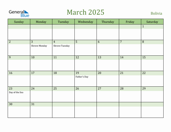 March 2025 Calendar with Bolivia Holidays