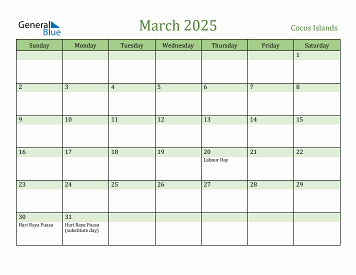 March 2025 Calendar with Cocos Islands Holidays