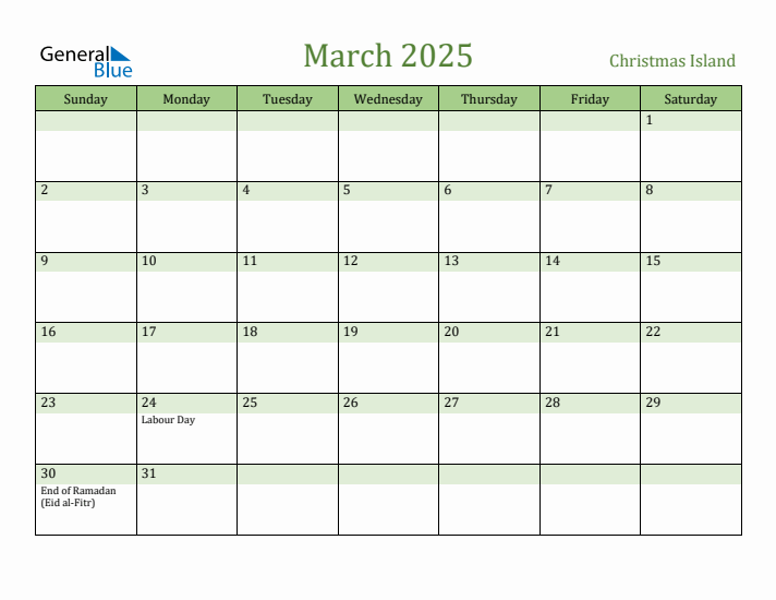 March 2025 Calendar with Christmas Island Holidays