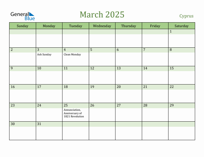 March 2025 Calendar with Cyprus Holidays