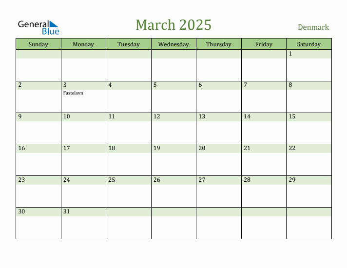 March 2025 Calendar with Denmark Holidays