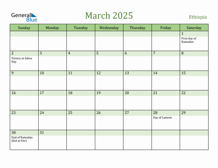 March 2025 Calendar with Ethiopia Holidays