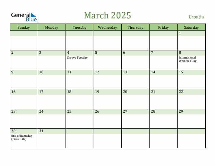 March 2025 Calendar with Croatia Holidays