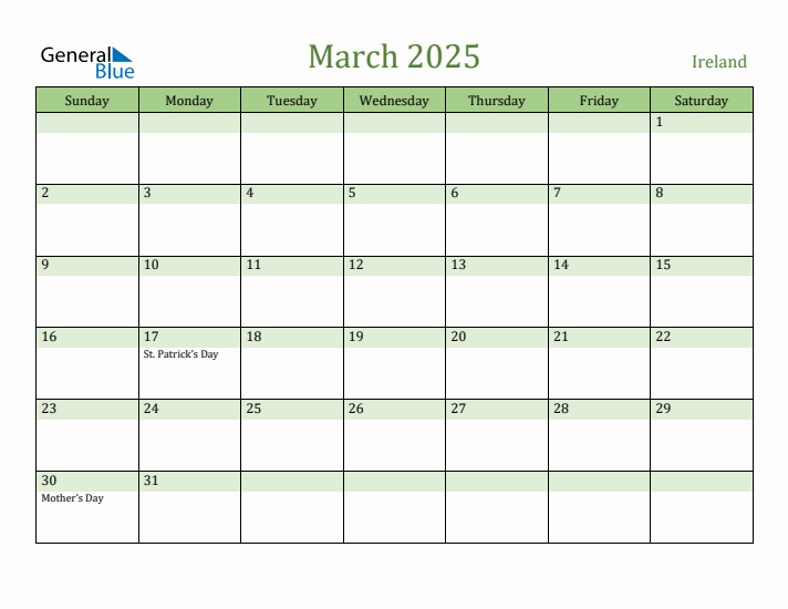 March 2025 Calendar with Ireland Holidays