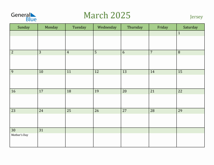 March 2025 Calendar with Jersey Holidays