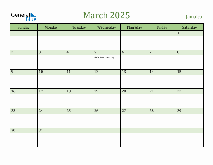 March 2025 Calendar with Jamaica Holidays