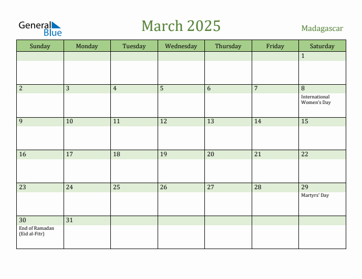 March 2025 Calendar with Madagascar Holidays