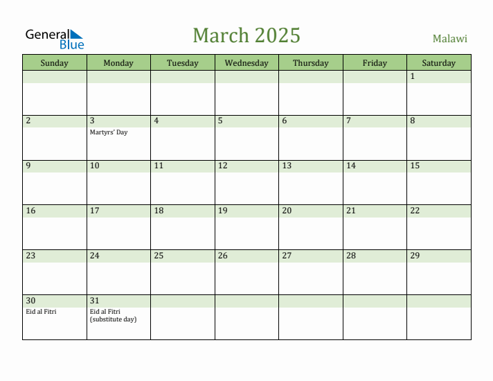 March 2025 Calendar with Malawi Holidays