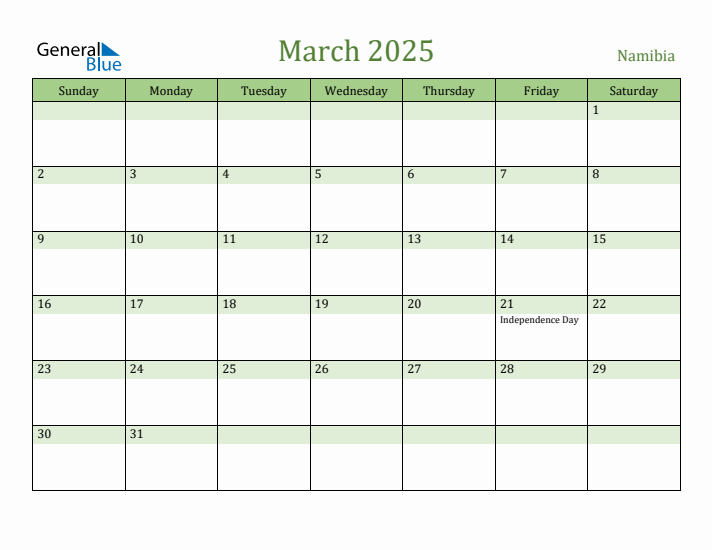 March 2025 Calendar with Namibia Holidays