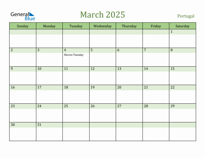 March 2025 Calendar with Portugal Holidays