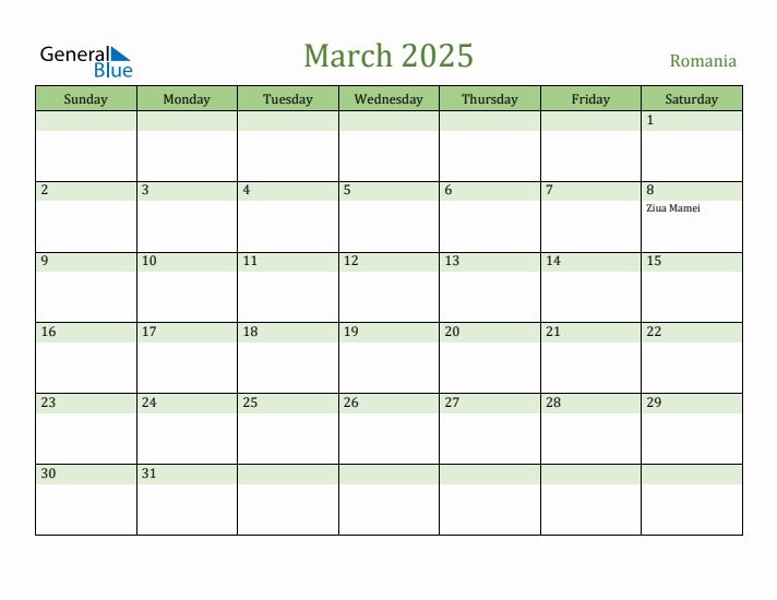 March 2025 Calendar with Romania Holidays