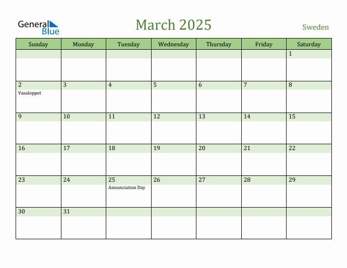 March 2025 Calendar with Sweden Holidays