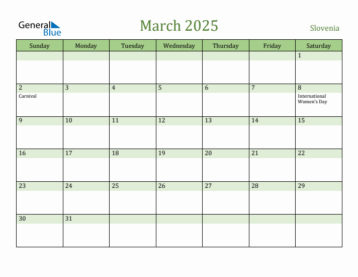 March 2025 Calendar with Slovenia Holidays