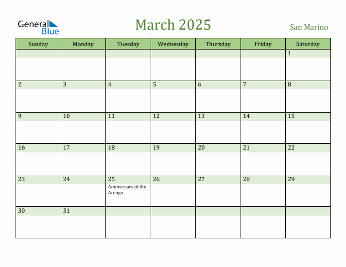 March 2025 Calendar with San Marino Holidays