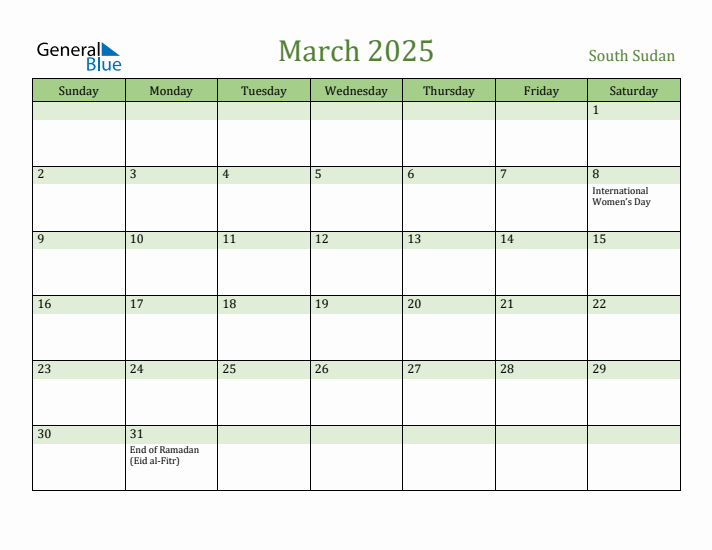 March 2025 Calendar with South Sudan Holidays