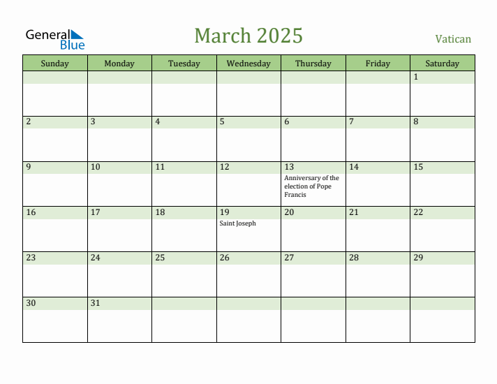 March 2025 Calendar with Vatican Holidays