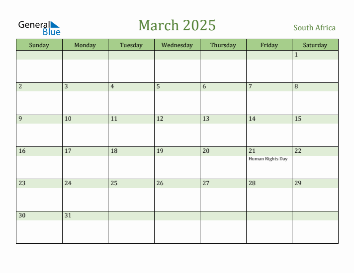 March 2025 Calendar with South Africa Holidays