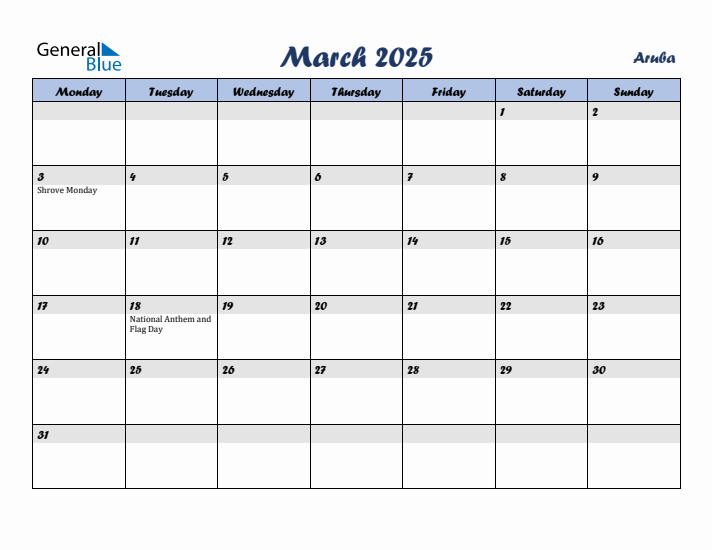 March 2025 Calendar with Holidays in Aruba