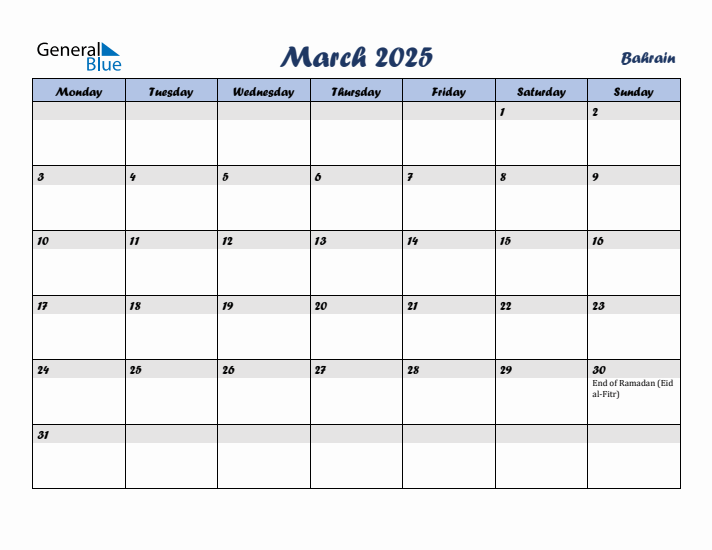 March 2025 Calendar with Holidays in Bahrain