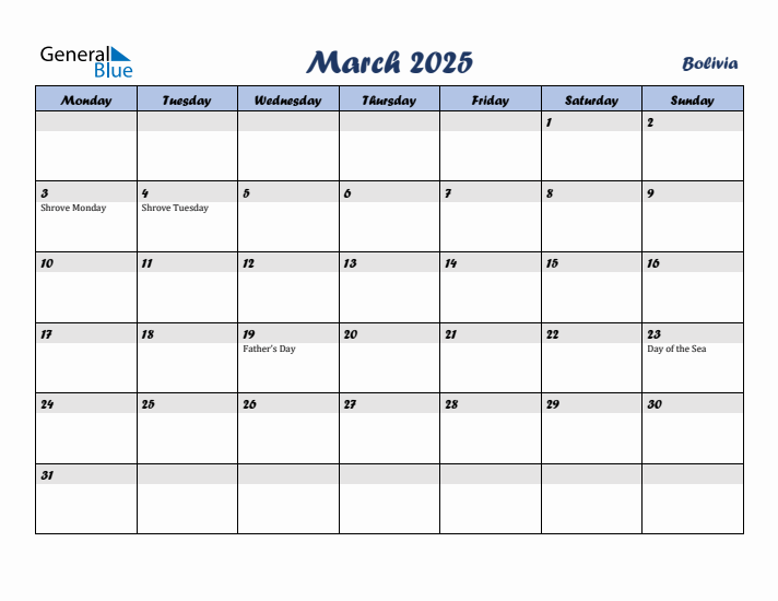 March 2025 Calendar with Holidays in Bolivia