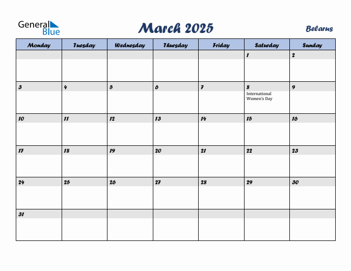 March 2025 Calendar with Holidays in Belarus