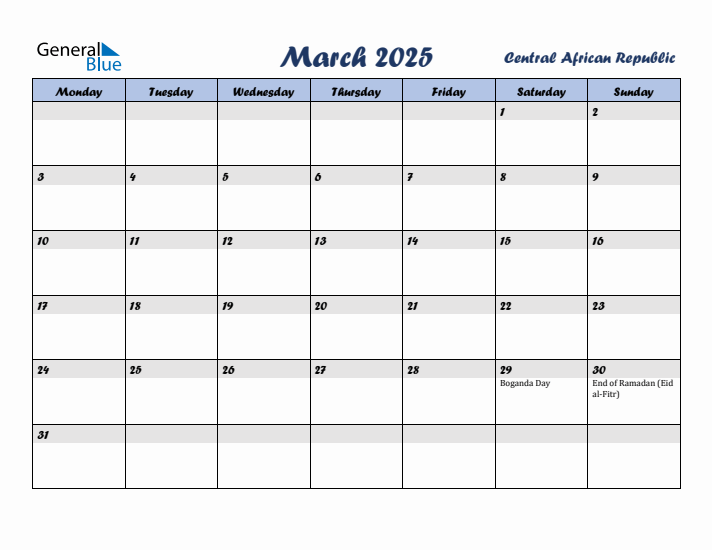 March 2025 Calendar with Holidays in Central African Republic