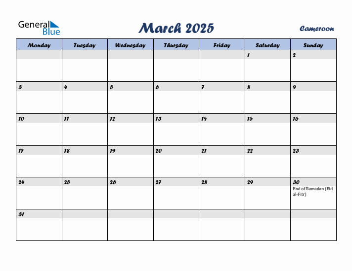 March 2025 Calendar with Holidays in Cameroon