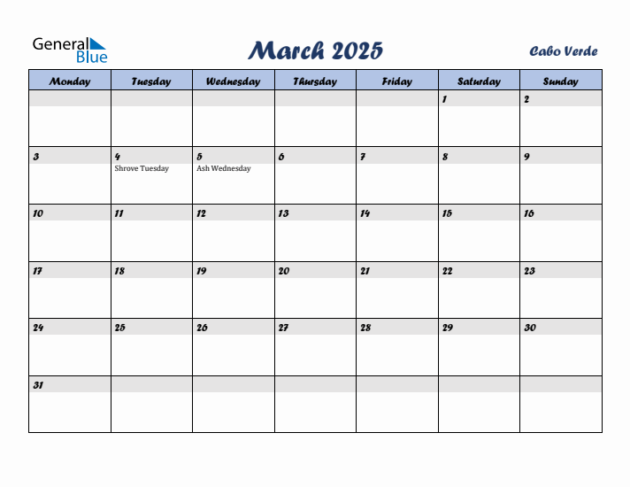 March 2025 Calendar with Holidays in Cabo Verde