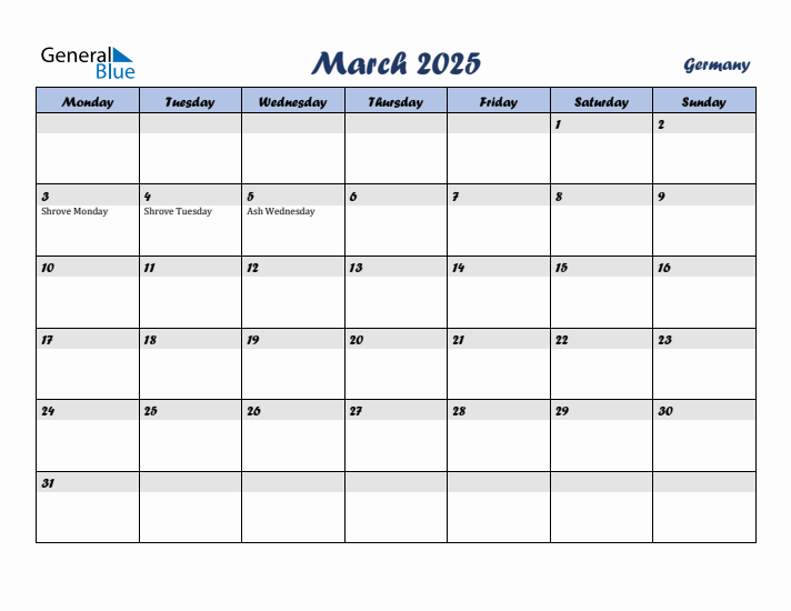 March 2025 Calendar with Holidays in Germany