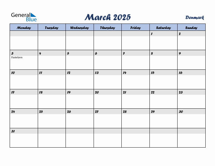 March 2025 Calendar with Holidays in Denmark