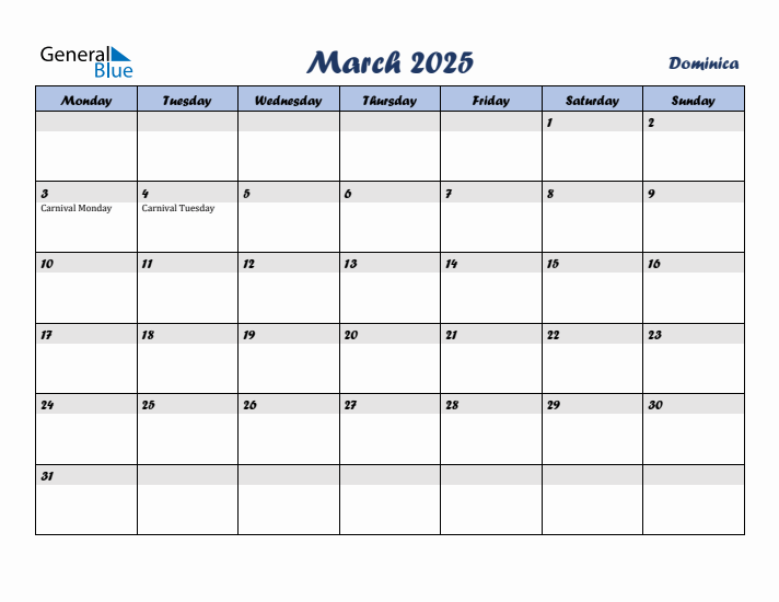 March 2025 Calendar with Holidays in Dominica