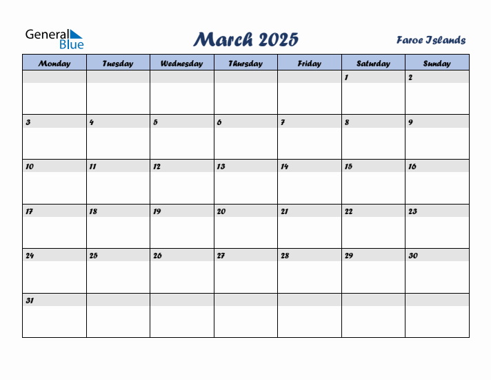 March 2025 Calendar with Holidays in Faroe Islands