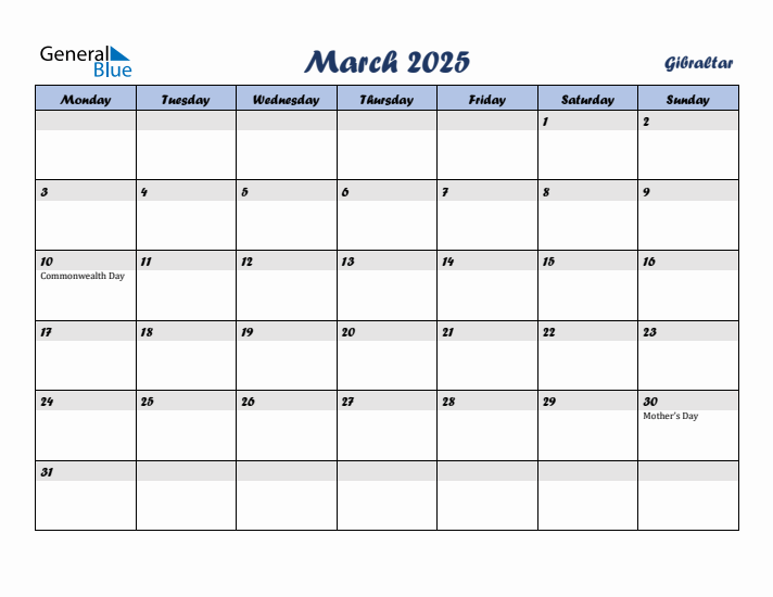 March 2025 Calendar with Holidays in Gibraltar