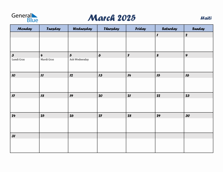 March 2025 Calendar with Holidays in Haiti