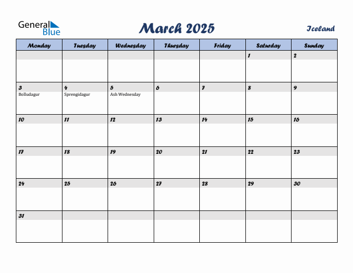 March 2025 Calendar with Holidays in Iceland