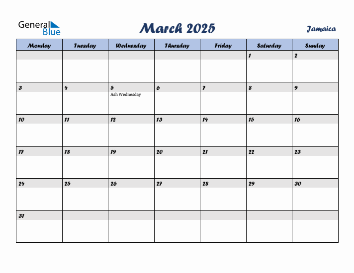 March 2025 Calendar with Holidays in Jamaica