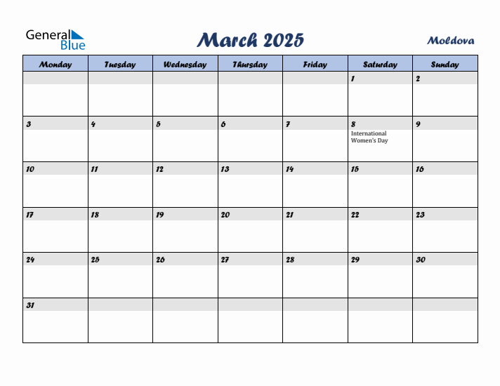 March 2025 Calendar with Holidays in Moldova