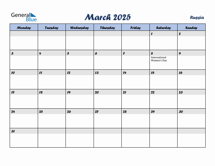 March 2025 Calendar with Holidays in Russia