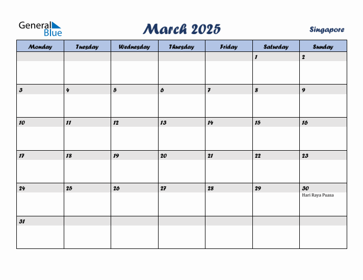 March 2025 Calendar with Holidays in Singapore