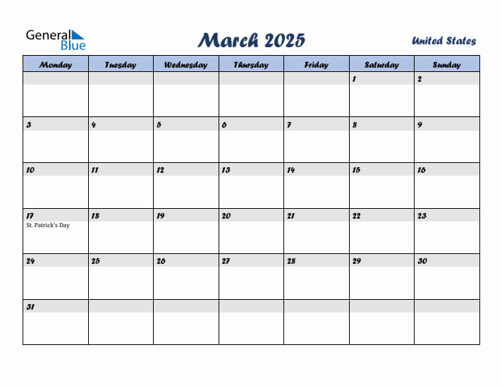 March 2025 Calendar with Holidays in United States