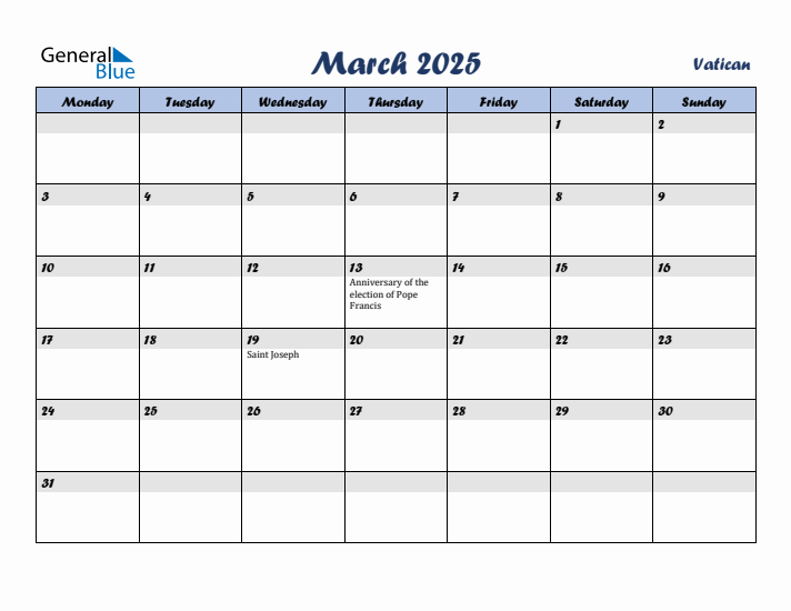 March 2025 Calendar with Holidays in Vatican