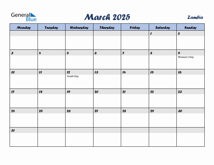 March 2025 Calendar with Holidays in Zambia