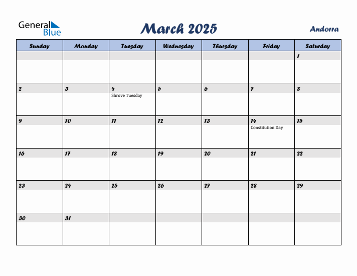 March 2025 Calendar with Holidays in Andorra