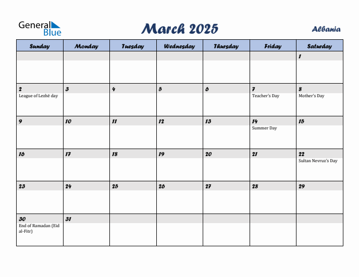 March 2025 Calendar with Holidays in Albania