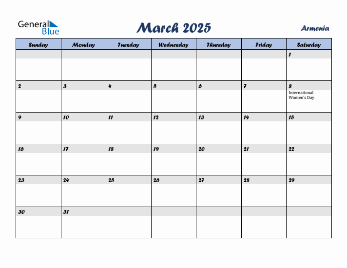 March 2025 Calendar with Holidays in Armenia