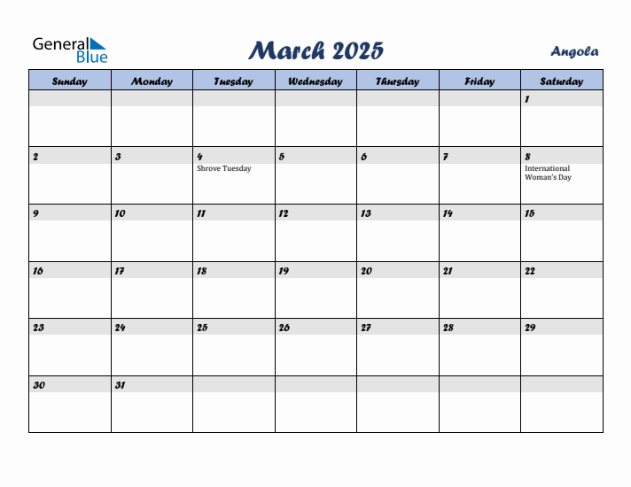 March 2025 Calendar with Holidays in Angola