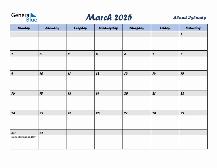 March 2025 Calendar with Holidays in Aland Islands