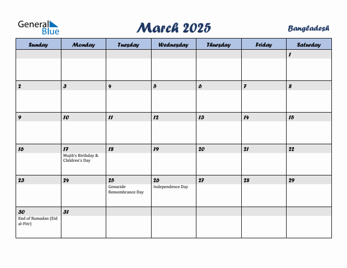 March 2025 Calendar with Holidays in Bangladesh